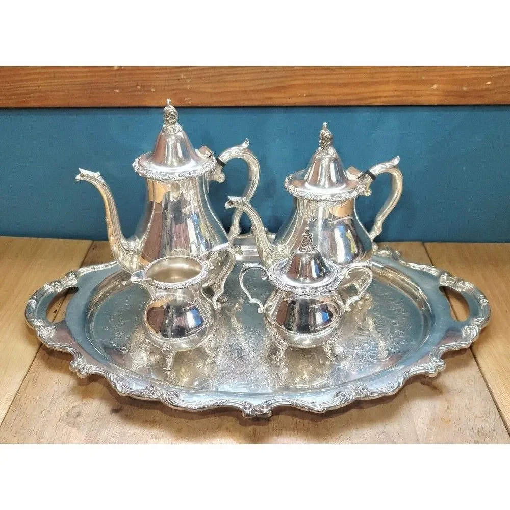 Antique Genuine WALLACE La Reine 1100 Silver Plated Tea/Coffee Set w/ Tray 6 pcs